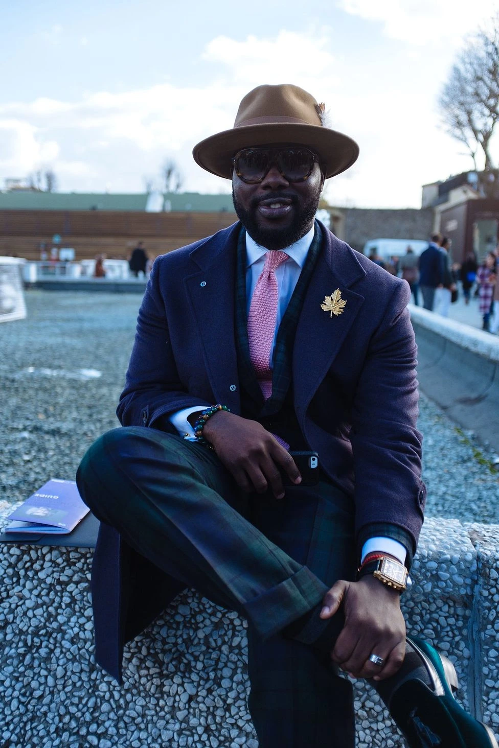 Pitti Uomo 89 Florence menswear street style portrait Fujifilm: chalk-stripe suit with polka-dot tie, shot 09