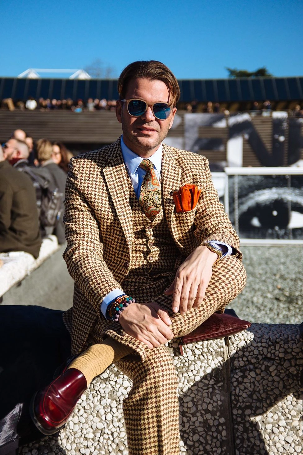 Pitti Uomo 89 Florence menswear street style portrait Fujifilm: colourful patterned suit with contrast lapels, shot 16