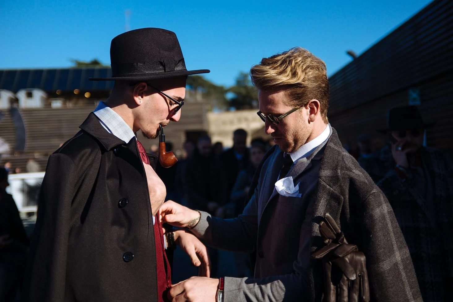 Pitti Uomo 89 Florence menswear street style portrait Fujifilm: double-breasted overcoat with wide-legged trousers, shot 28