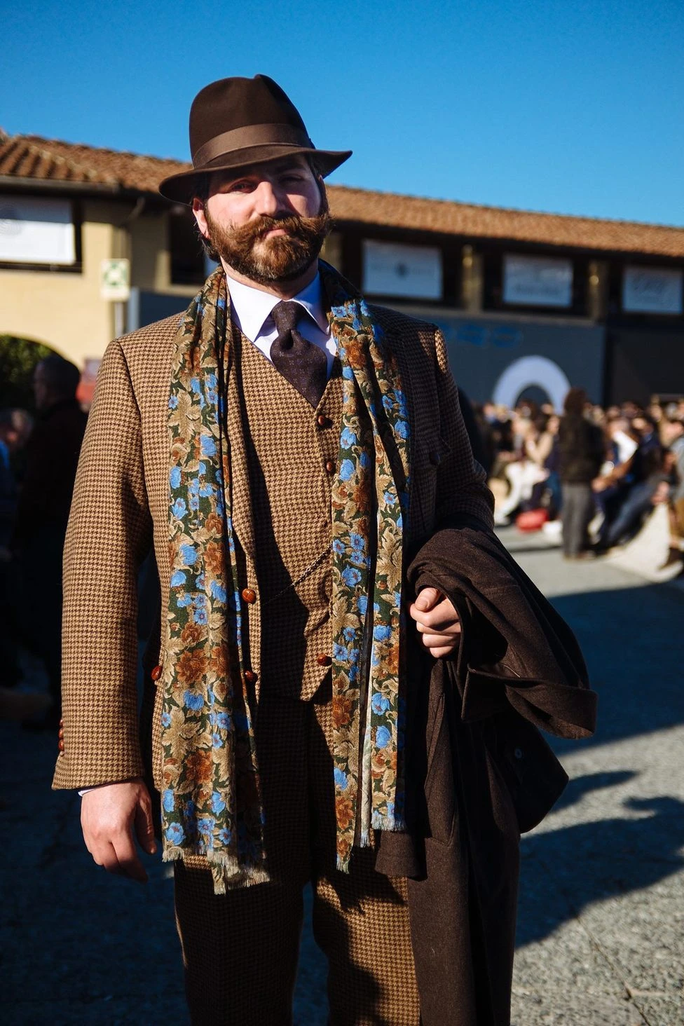 Pitti Uomo 89 Florence menswear street style portrait Fujifilm: check trousers with velvet smoking jacket, shot 32