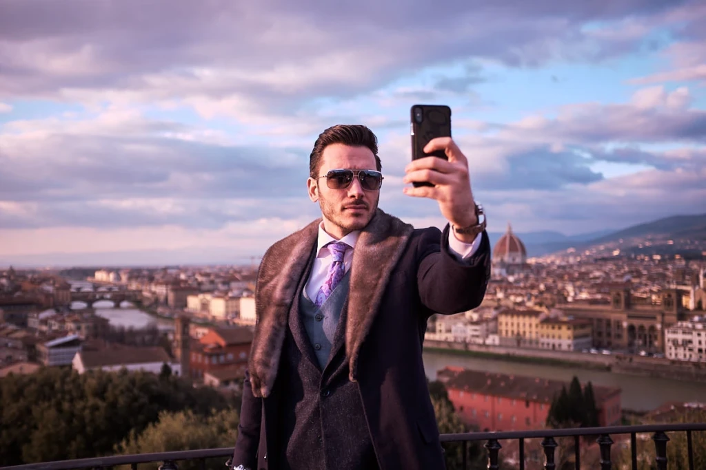 Male fashion portrait at Piazzale Michelangelo Florence at sunset with Fujifilm