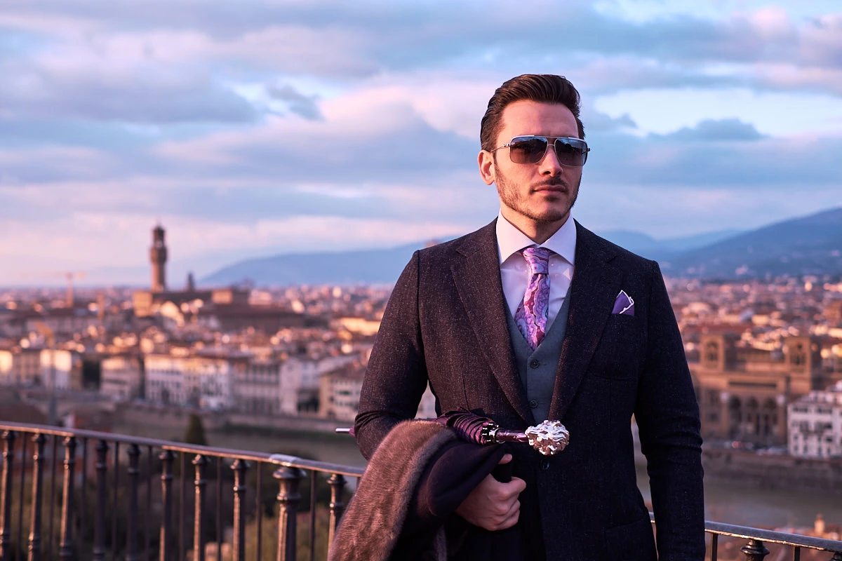 Male fashion portrait San Miniato Florence winter sunset Fujifilm X-T2 56mm