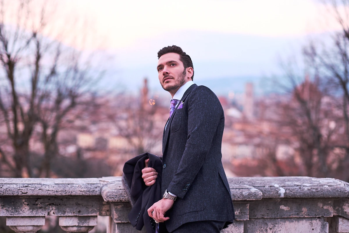 Male fashion portrait final closing shot Florence Fujifilm X-T2 winter sunset