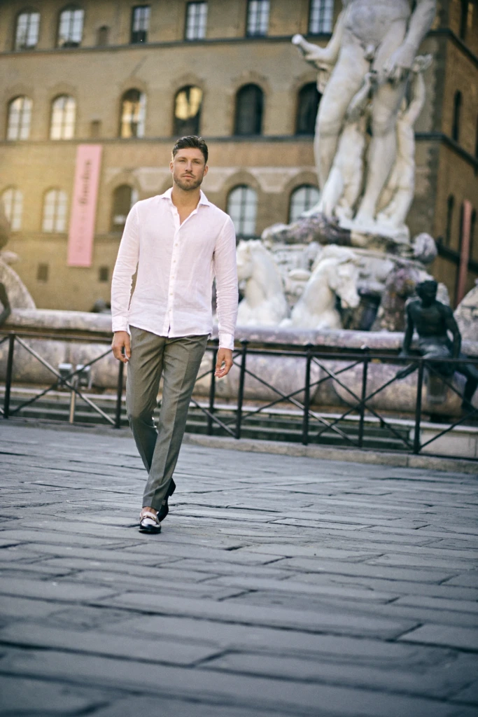 Hockerty campaign portrait in early summer morning light, Florence -- fashion lifestyle photography by Alessandro Michelazzi