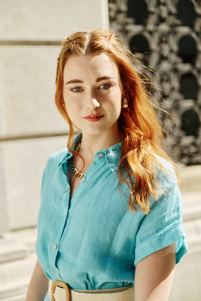Filippa model portrait against Trieste Middle European architecture -- summer fashion photography in Trieste