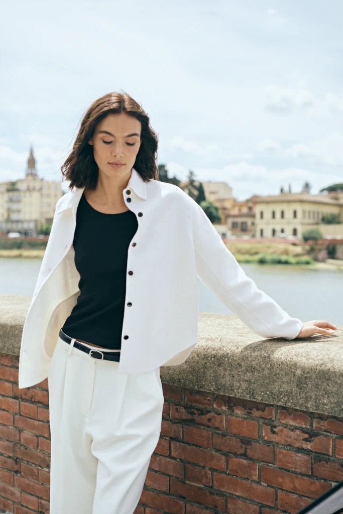 Patrick Assaraf campaign portrait against classic Florentine architecture -- fashion campaign photography by Alessandro Michelazzi