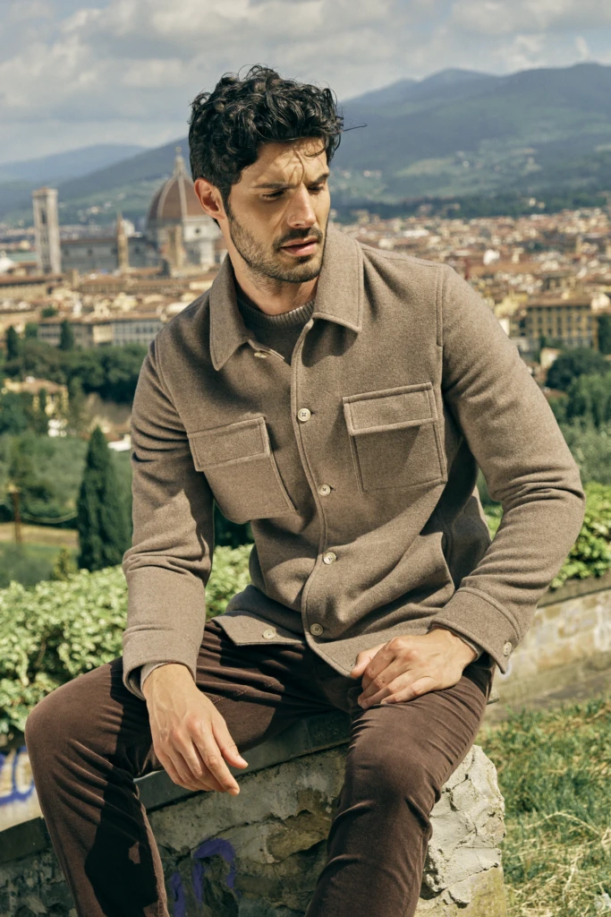 Patrick Assaraf editorial campaign look near the Arno river, Florence -- fashion campaign photography by Alessandro Michelazzi
