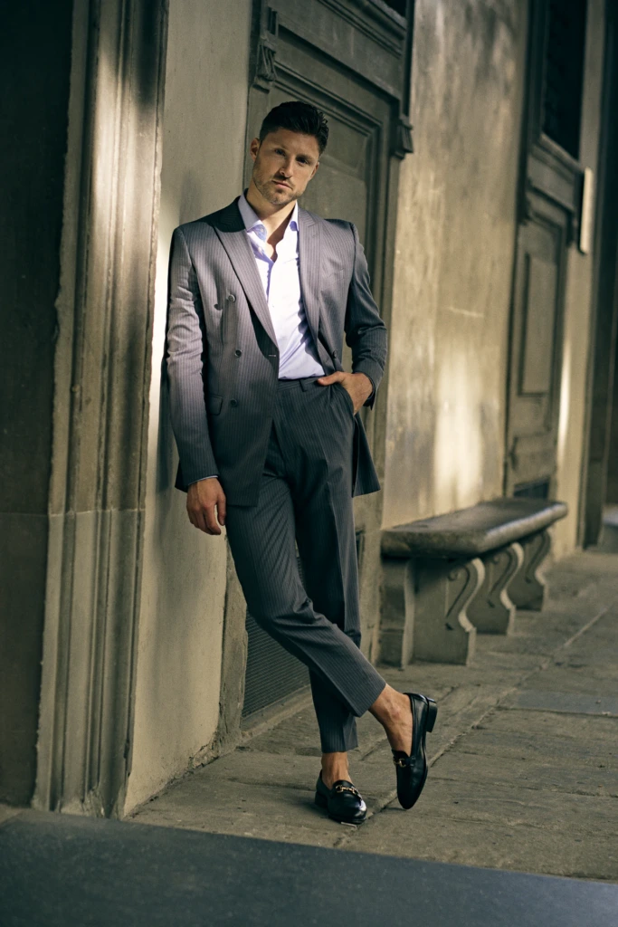 Hockerty editorial fashion look on a Florence street corner -- Florence fashion campaign photography