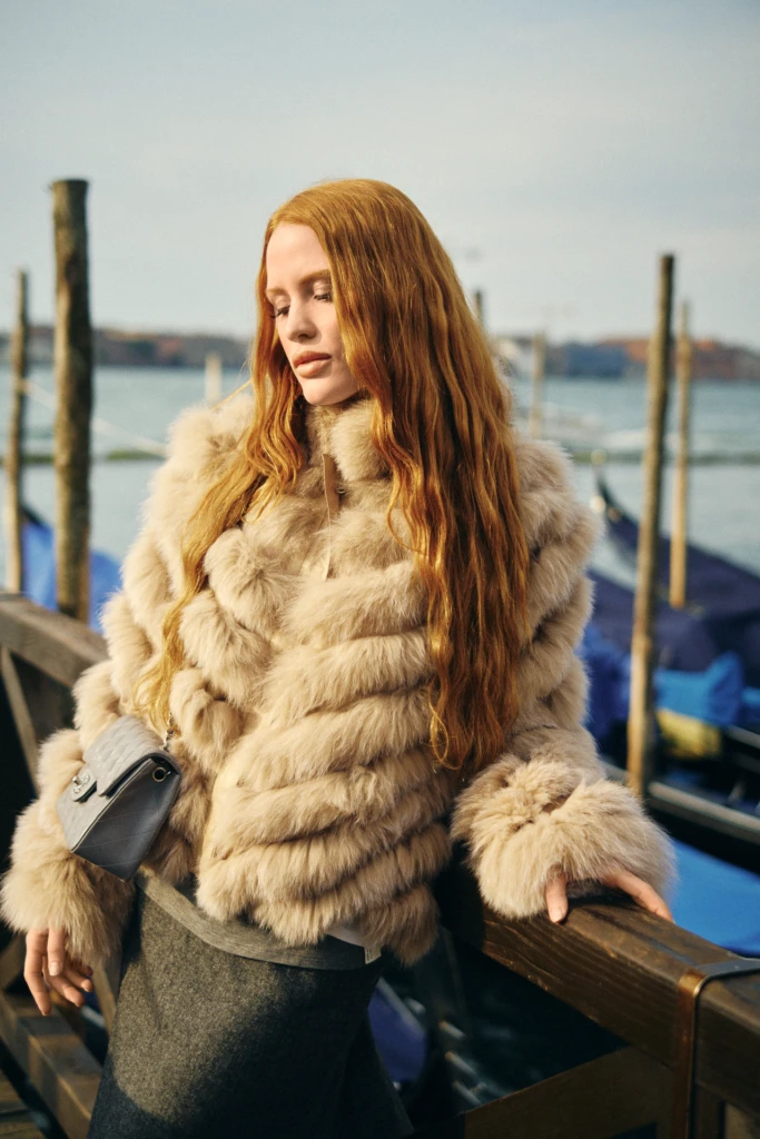 LoveFur model portrait on a narrow Venice calle -- winter fashion lifestyle photography in Venice