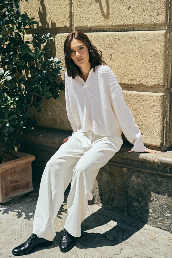 Patrick Assaraf campaign portrait against classic Florentine architecture -- fashion campaign photography by Alessandro Michelazzi