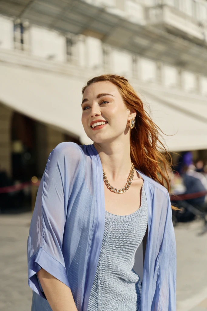 Filippa model portrait in central Trieste at midday -- fashion lifestyle photography, Trieste