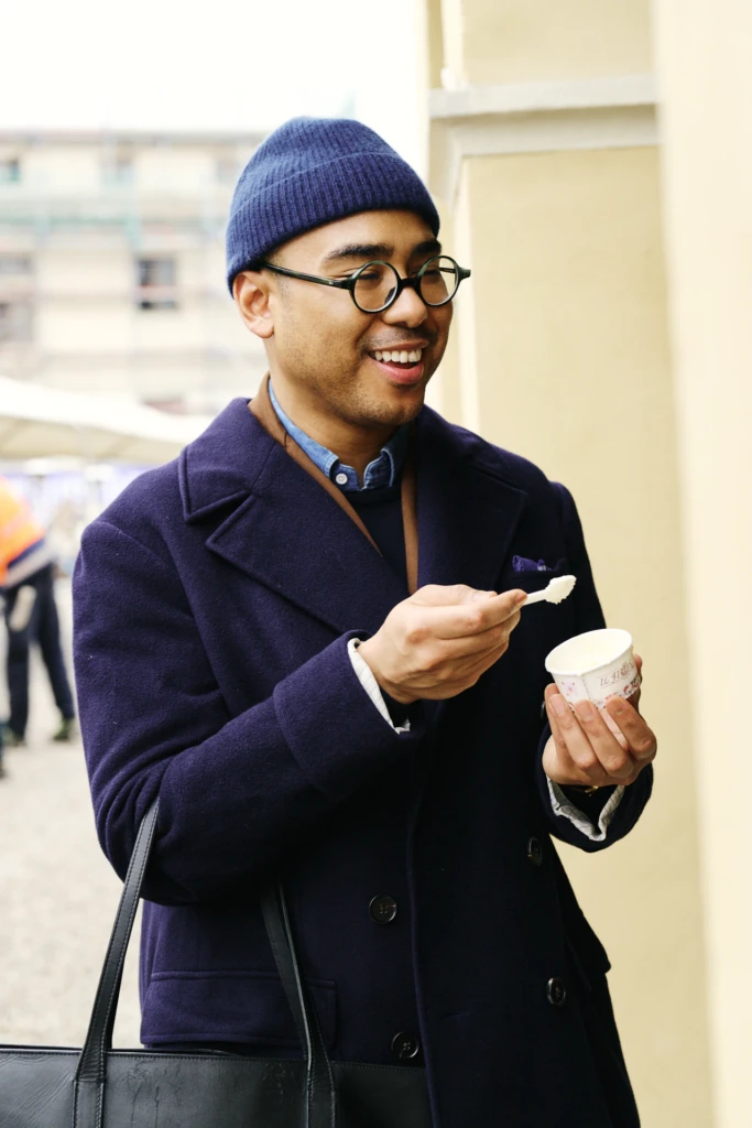 Street style look photographed at the Pitti Immagine Uomo 109 fair, Fortezza da Basso, Florence (look 36)