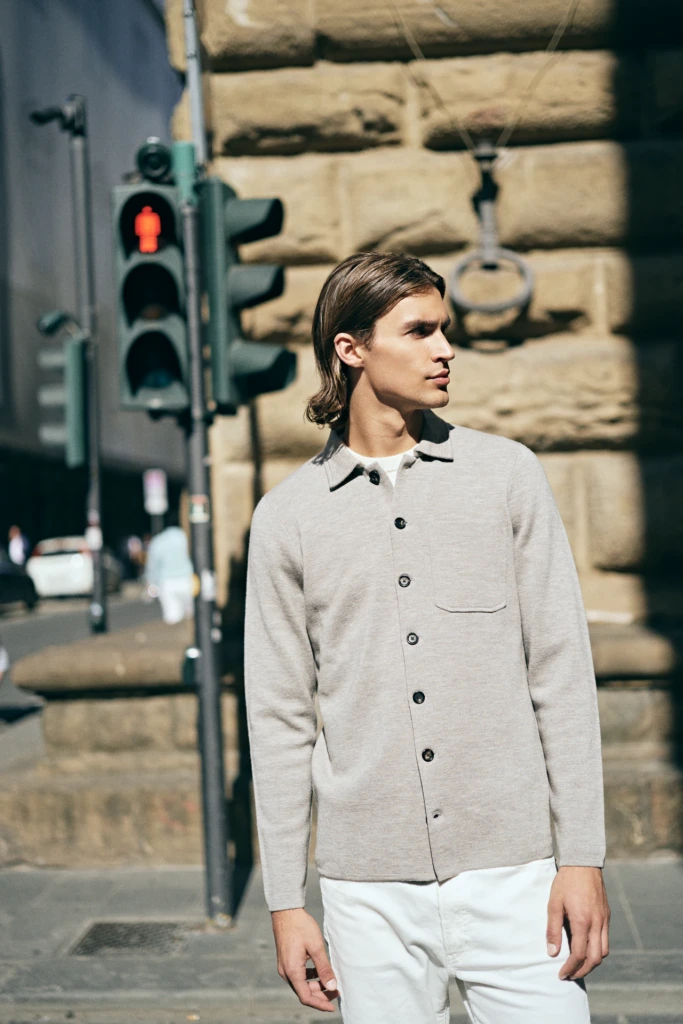 Patrick Assaraf campaign portrait against classic Florentine architecture -- fashion campaign photography by Alessandro Michelazzi
