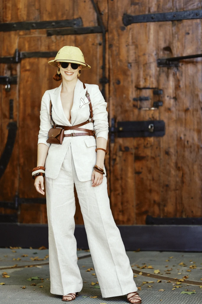 Model styled for the Hockerty Summer Lookbook during Pitti Uomo, Florence.