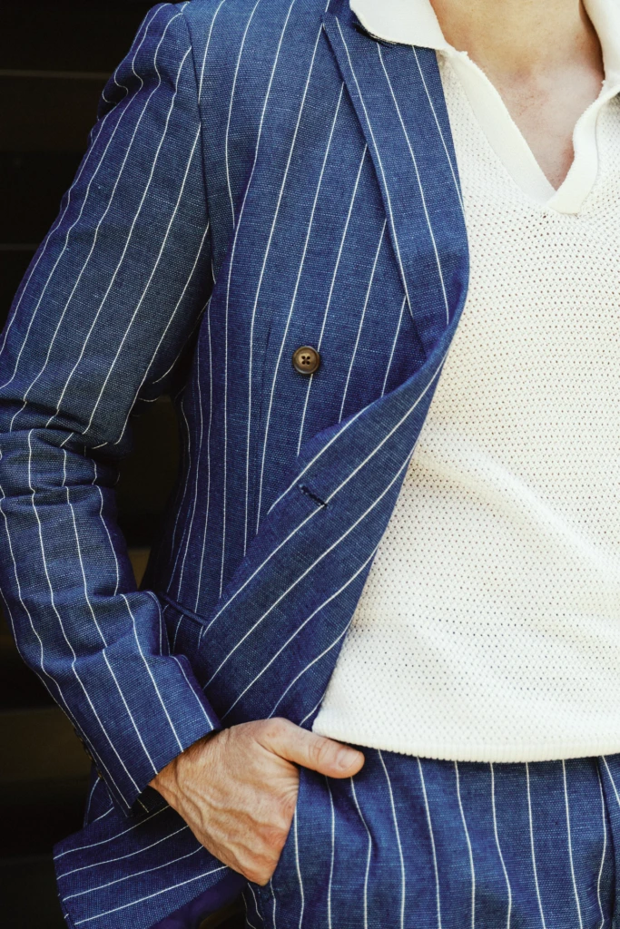 Model styled for the Hockerty Summer Lookbook during Pitti Uomo, Florence.