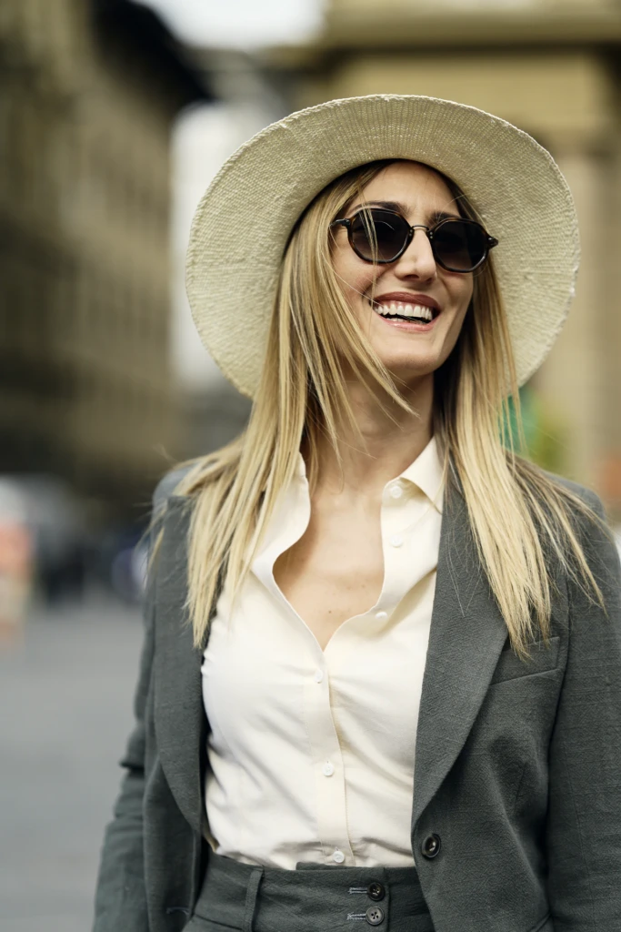 Model styled for the Hockerty Summer Lookbook during Pitti Uomo, Florence.