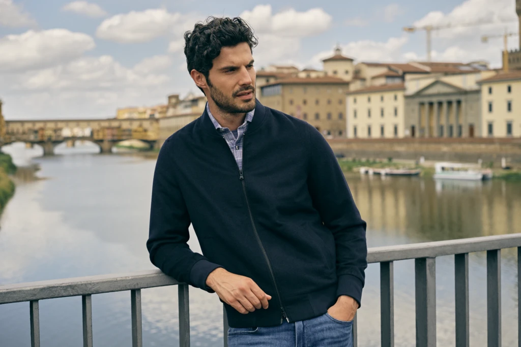 Patrick Assaraf lifestyle fashion portrait on the streets of Florence -- fashion campaign photography by Alessandro Michelazzi