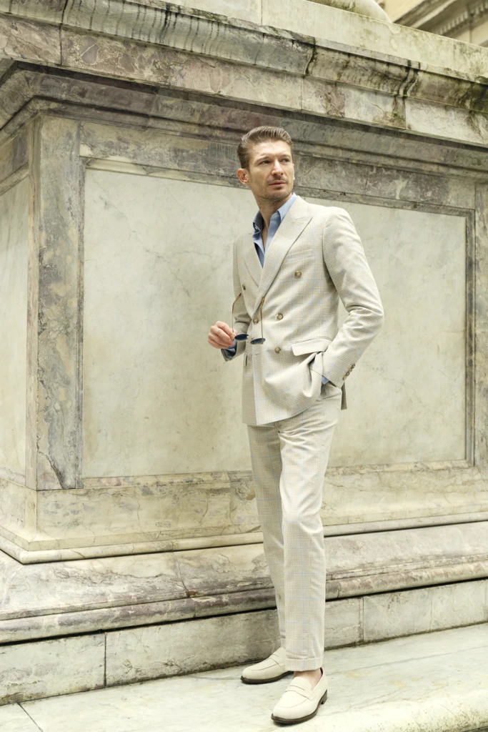 Model styled for the Hockerty Summer Lookbook during Pitti Uomo, Florence.