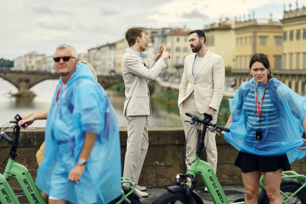 Model styled for the Hockerty Summer Lookbook during Pitti Uomo, Florence.