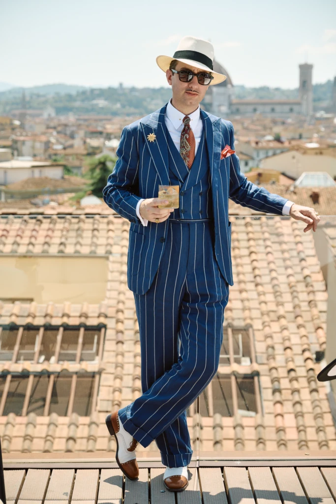 Model styled for the Hockerty Summer Lookbook during Pitti Uomo, Florence.