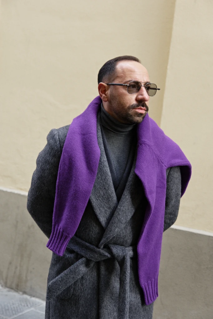 Neto, Pedro and Carlos menswear editorial in the streets of Florence during Pitti Immagine Uomo 107 — commissioned photography by Alessandro Michelazzi, look 108.