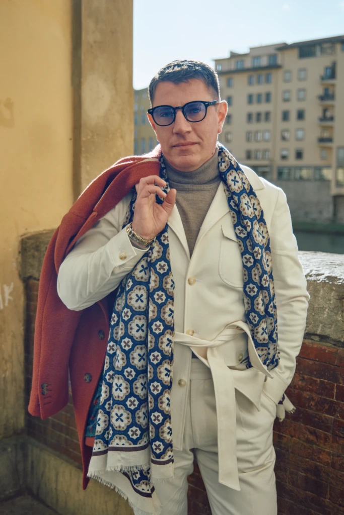 Fidelio Tailor menswear editorial at Pitti Immagine Uomo 107 — Croatian tailoring photographed in Florence by Alessandro Michelazzi, look 111.