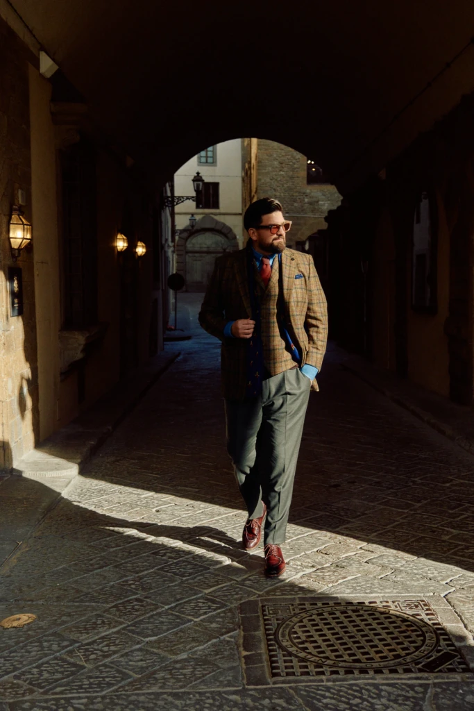 Fidelio Tailor menswear editorial at Pitti Immagine Uomo 107 — Croatian tailoring photographed in Florence by Alessandro Michelazzi, look 117.