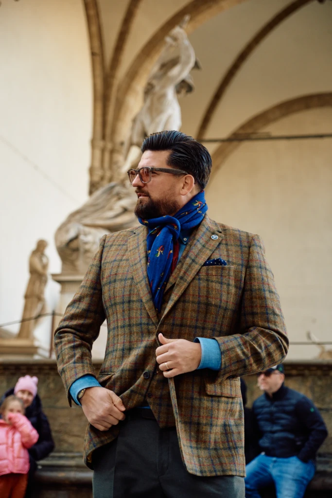 Fidelio Tailor menswear editorial at Pitti Immagine Uomo 107 — Croatian tailoring photographed in Florence by Alessandro Michelazzi, look 119.