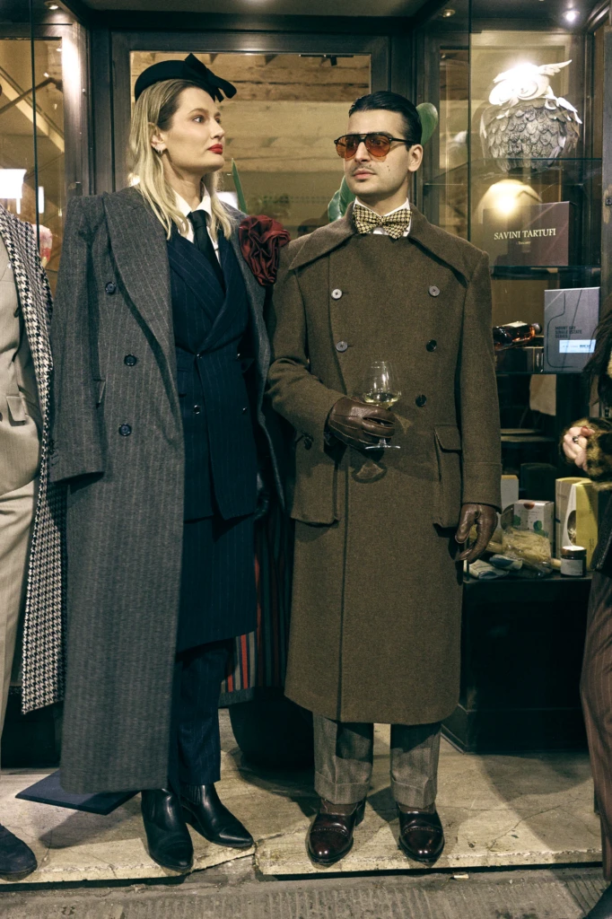 Guests at an evening event during Pitti Immagine Uomo 109, Florence (look 187)