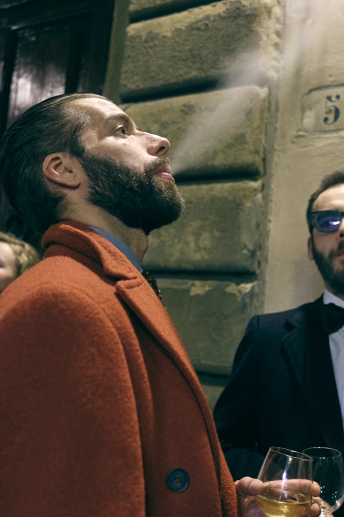 Guests at an evening event during Pitti Immagine Uomo 109, Florence (look 189)