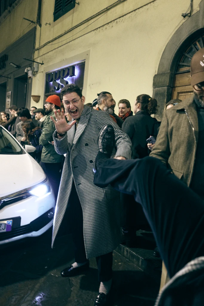 Guests at an evening event during Pitti Immagine Uomo 109, Florence (look 201)