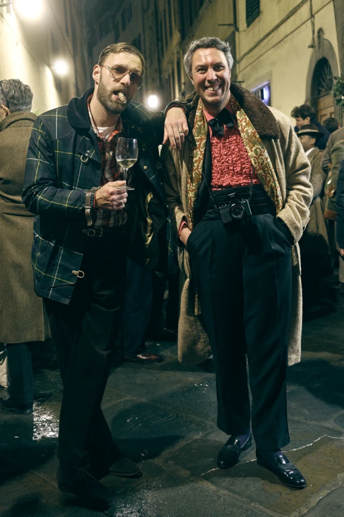 Guests at an evening event during Pitti Immagine Uomo 109, Florence (look 210)