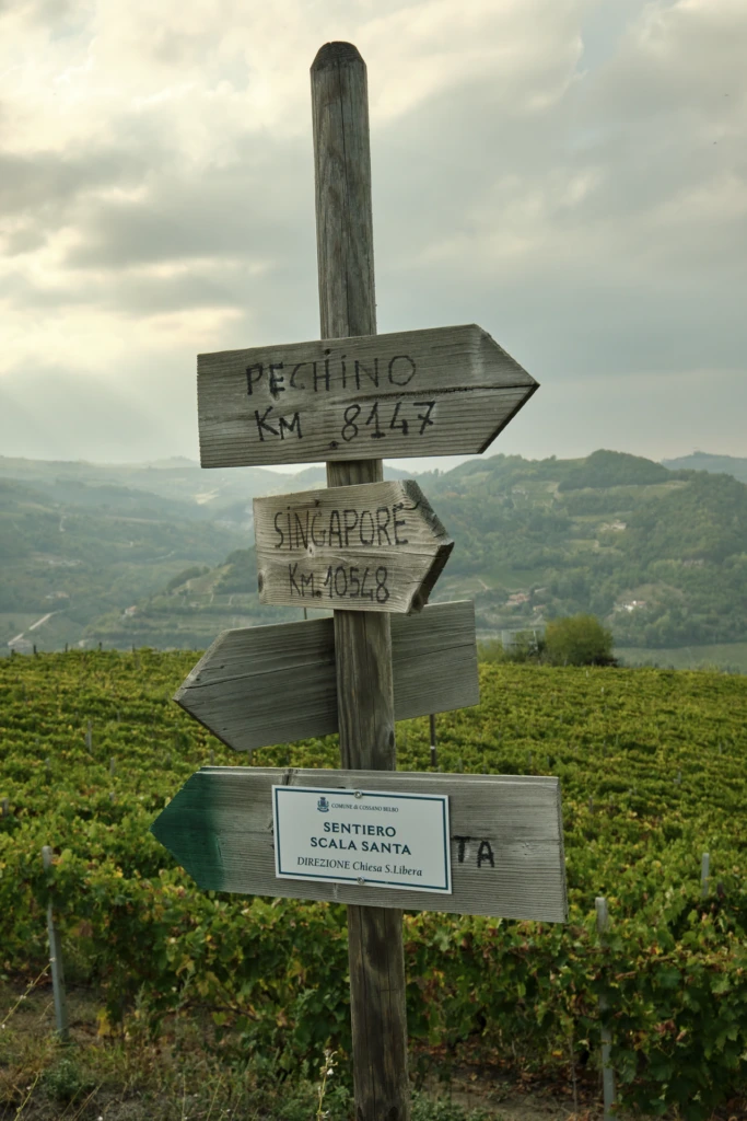 A weathered wooden trail signpost with humorous mock distances to Pechino and Singapore, pointing toward the Sentiero Scala Santa