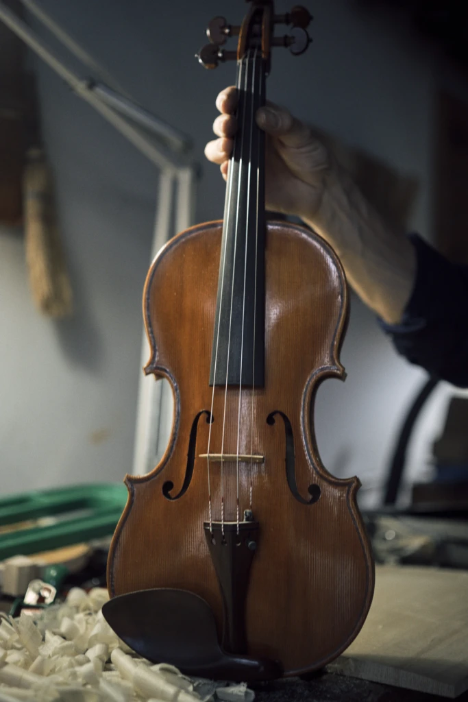 Sorgentone Mecatti examining a raw wood violin blank, Florence