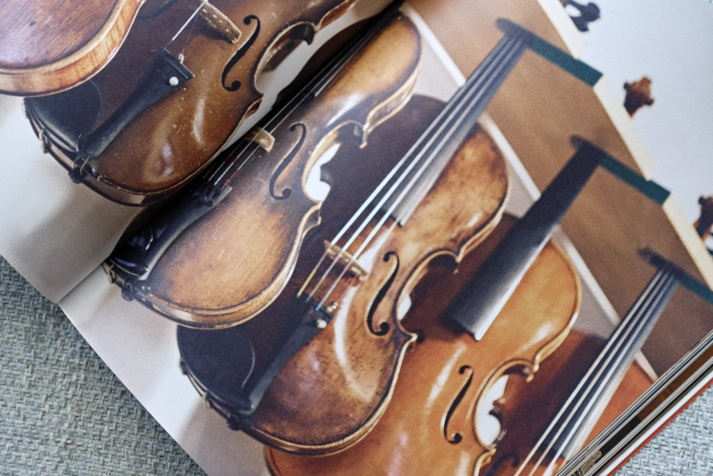 Finished violins on display, NoChaser Magazine feature shot