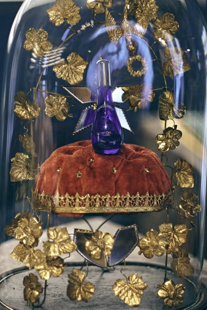 Detail of perfume bottles arranged in Florence atelier