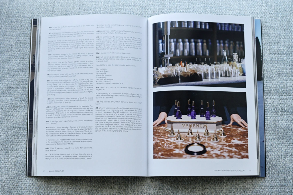 Master perfumer at his Florence workbench, magazine editorial